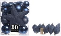 Decoris kerstballen en hangers donkerblauw - 5-6-8 cm - 39 stuks - kunststof ster piek 19 cm - mix mat en glans