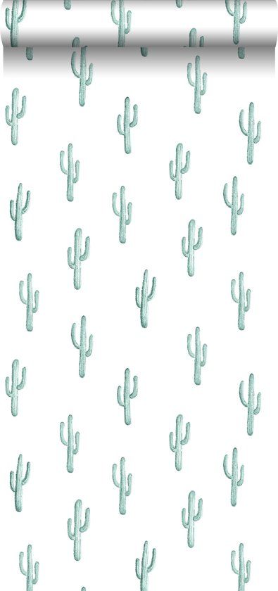 ESTAhome Behang Kleine Woestijn Cactussen - Vergrijsd Turquoise - 53 cm x 10.05 m - Vliesbehang