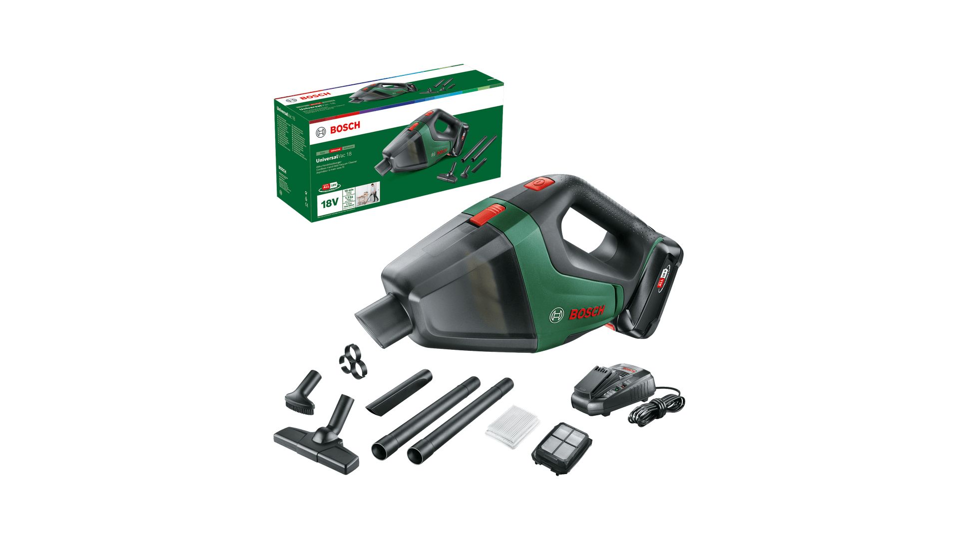 Bosch UniversalVac 18 - 2-in-1 Stick Vacuum - Bagless - Black/Green - 18V - 2.5 Ah