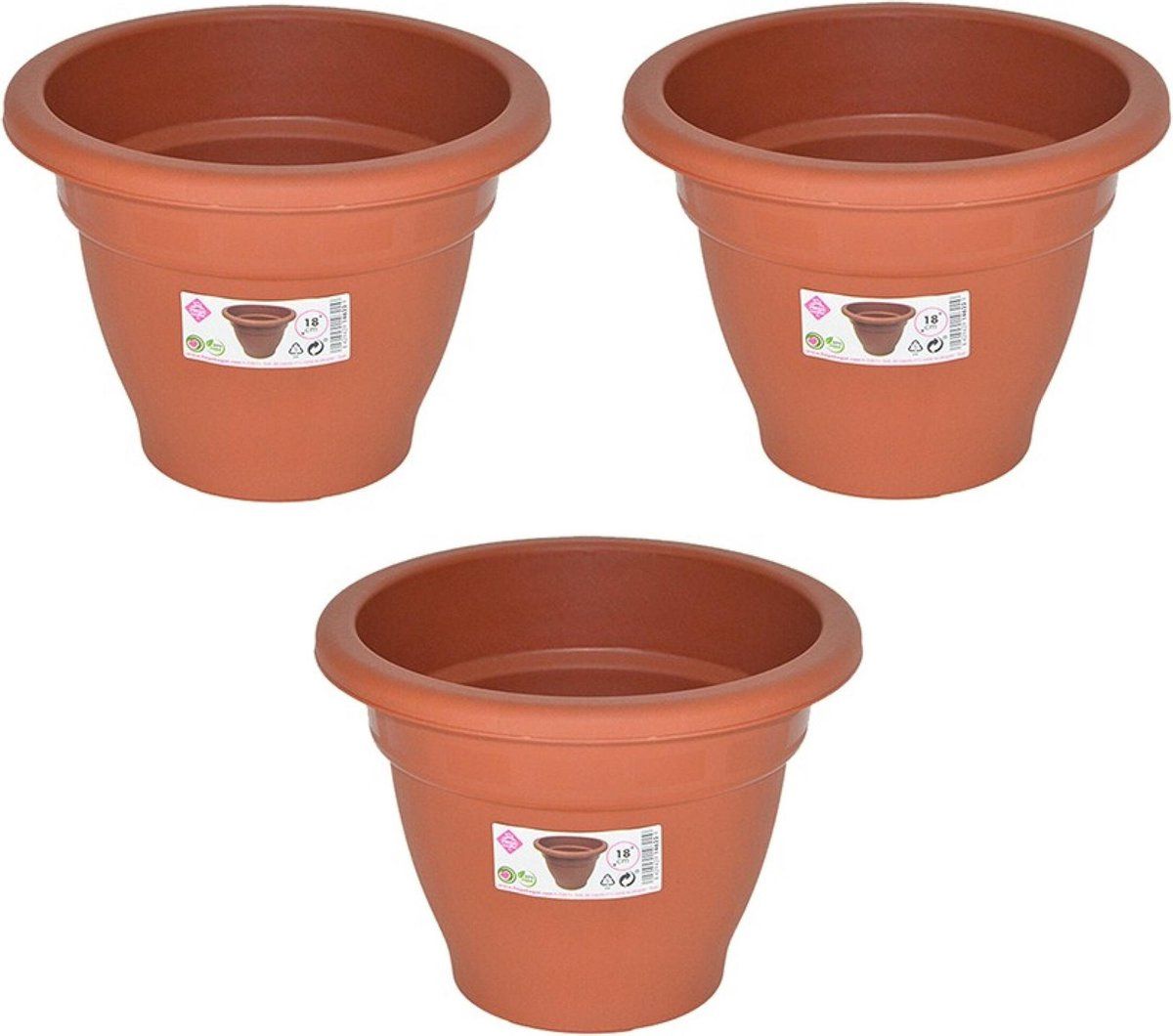 Hega hogar Set van 3x ronde plantenpotten - terra cotta - Ø 18 cm - kunststof