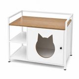 OKWISH Meuble de litière pour chat - Ouverture tête de chat et 2 étagères ouvertes - Table d'appoint avec espace de rangement pour salon ou chambre à coucher - MDF blanc chêne clair