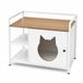 OKWISH Meuble de litière pour chat - Ouverture tête de chat et 2 étagères ouvertes - Table d'appoint avec espace de rangement pour salon ou chambre à coucher - MDF blanc chêne clair