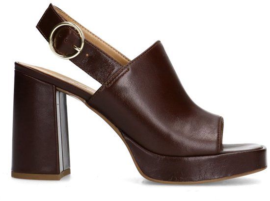 Sacha - Dames - Donkerbruine leren sandalen met blokhak en gesp - Maat 42