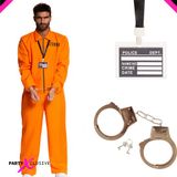 PartyXclusive Oranje Gevangenis Kostuum Heren 3-Delig Jumpsuit, Handboeien & Keycord met Badge