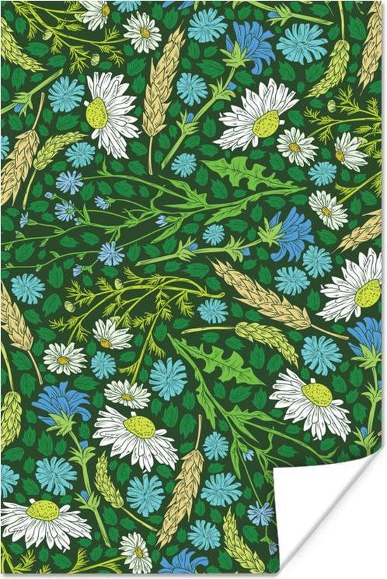 PosterMonkey Bloemenpatroon Poster - Wit en Blauw - 20x30 cm - Wanddecoratie