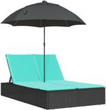vidaXL Ligbed 2-persoons met kussens en parasol poly rattan zwart