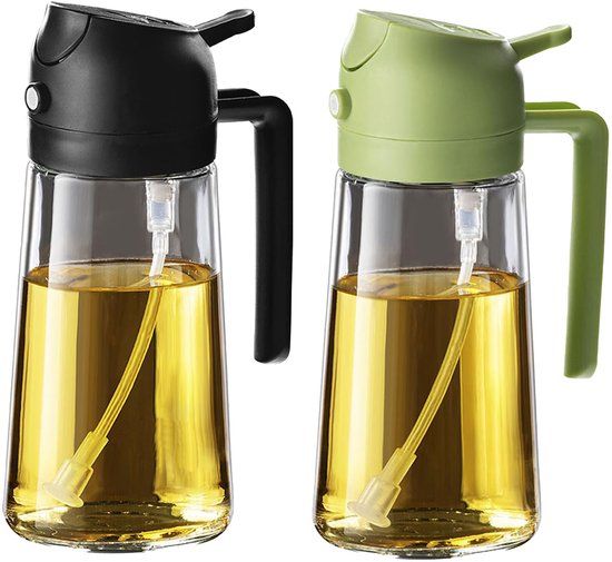 TrendPlain 16oz Olieverstuiver voor Kookolie – 470ml Olijfoliefles – 2-in-1 Oliedispenser en Olieverstuiver – Keukengadgets voor Koken, Salade en Grillen Zwart & Groen