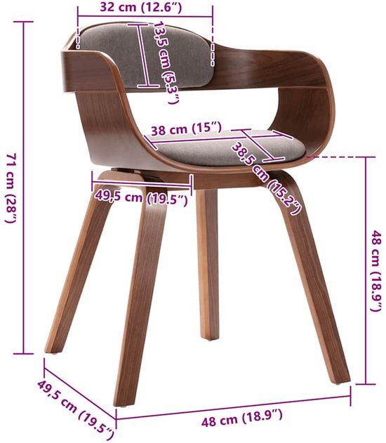 vidaXL Eetkamerstoel gebogen hout en stof taupe