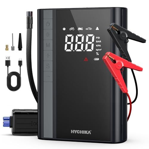 HYCHIKA Starthulp powerbank met compressor voor personenauto's - booster auto starthulp powerbank met compressor, autostarter powerpack, led-zaklamp, jumpstarter powerbank tot 6 l benzine en 10 l