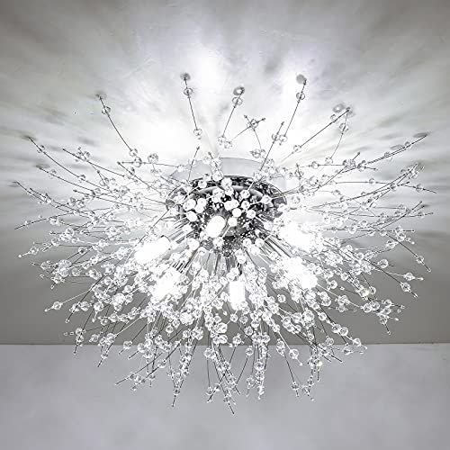 Rayofly Moderne Kristallen Plafondverlichting voor Woonkamer, Chrome Vuurwerk K9 Kristallen Kroonluchters Plafondverlichtingsarmaturen, 6 G9 LED, Kroonluchter Plafond Hanglampen voor Slaapkamer, Eetkamer, Hal