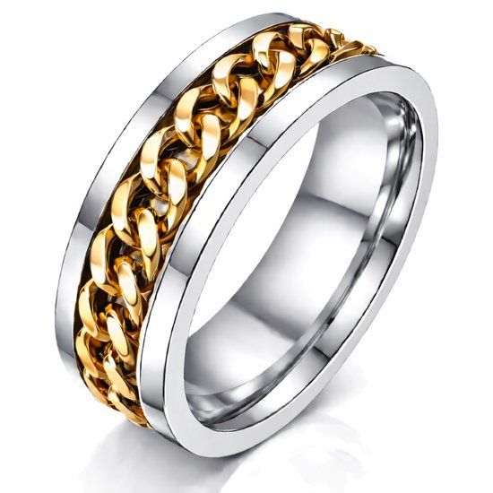LGT JWLS Lookinggoodtoday Stalen herenring met Cubaanse gouden ketting-21.5mm