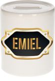 Bellatio Decorations Spaarpot met voornaam Emiel - wit - met goud/zwart embleem - 8 x 9 cm - keramiek - met afsluitdop - cadeau verjaardag