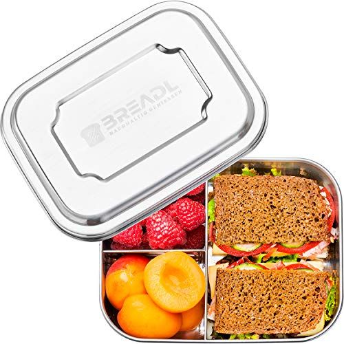 BREADL® Roestvrijstalen broodtrommel, 1000 ml, vaatwasmachinebestendig, BPA-vrij, scheidingswand en 3 vakken, lunchbox en bento-box voor kinderen en volwassenen, voor school, werk, universiteit, wandelen