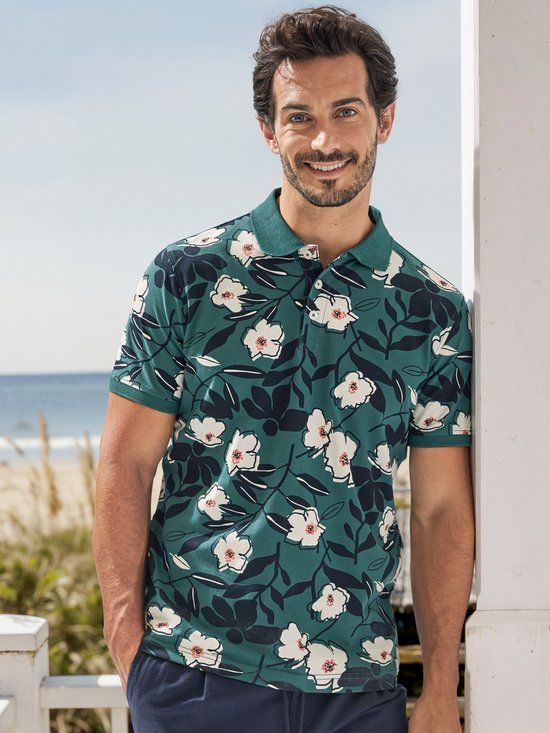 LERROS Poloshirt met bloemenprint van 100% katoen - Maat L - SOFT TEAL