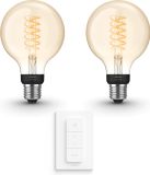 Philips Hue Uitbreidingspakket - E27 - met 2 Filament Globelampen Klein (G93) - Warmwit Licht - Incl. 1 Hue Dimmer Switch