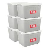 Cetomo 80L x 6 plastic opbergdoos, grijs, draagtas, organiserende container met duurzaam deksel en veilige vergrendelende gespen, stapelbaar en nestbaar, 6 stuks, met gesp