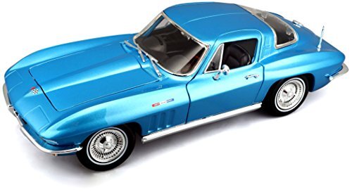 Bauer Maisto Chevrolet Corvette 1965, modelauto met vering, schaal 1:18, deuren en motorkap beweegbaar, klaar model, bestuurbaar, 24 cm, blauw (531640)