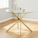 OKWISH Eettafel - Rond Gehard Glas - Gouden Metalen Kruispoot - 80x80x76 cm