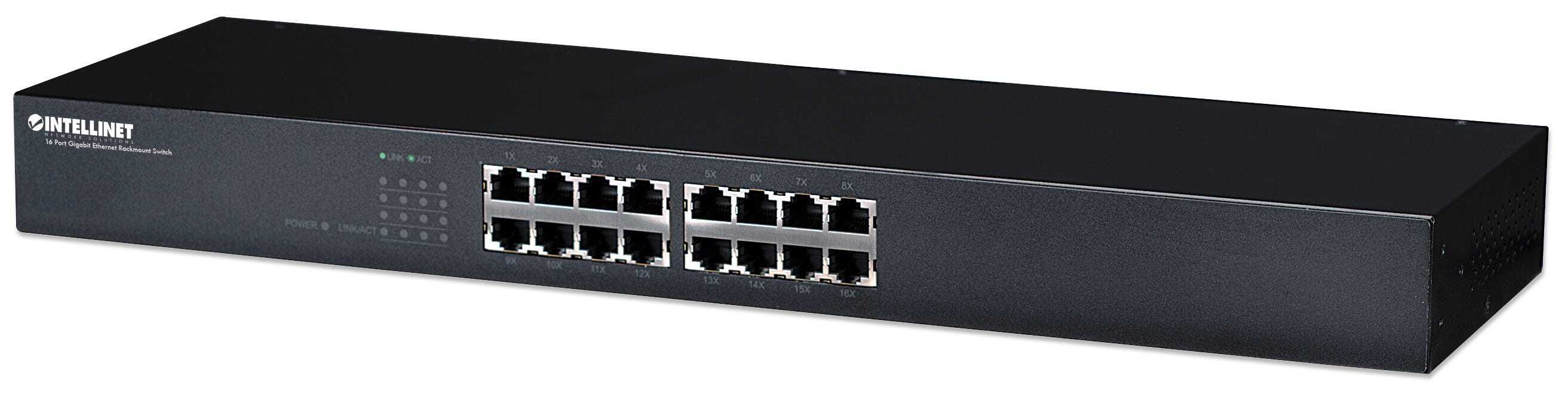 Intellinet 16-Port Gigabit Ethernet Switch, 16-Port RJ45 10/100/1000 Mbps, IEEE 802.3az Energy Efficient Ethernet, 19" Rackmount, Metal (Euro 2-pin plug)