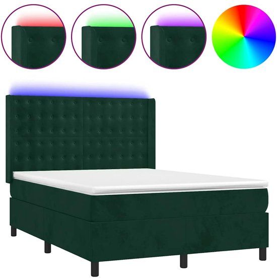 vidaXL Boxspring met matras en LED fluweel donkergroen 140x200 cm