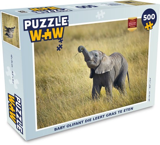 MuchoWow Puzzel Baby olifant die leert gras te eten - Legpuzzel - Puzzel 500 stukjes