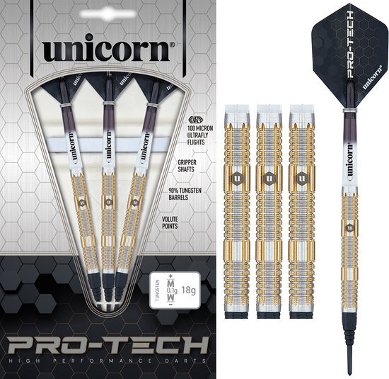 Unicorn UNICORN Darts Set | Pro-Tech Style 4 | 70% natuurlijke wolfraam vaten met gouden accenten | Epische zachte punten | 20 g