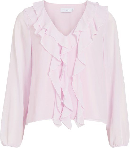 VILA - VIANE L/S V-NECK FRILL TOP - NOOS - Dames - Blouses - Cherry Blossom - Size 38