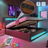 Flieks lit rembourré 180x200 cm avec connexion USB, lit simple/lit double avec sommier à lattes et espace de rangement, lit avec éclairage LED, lin, gris
