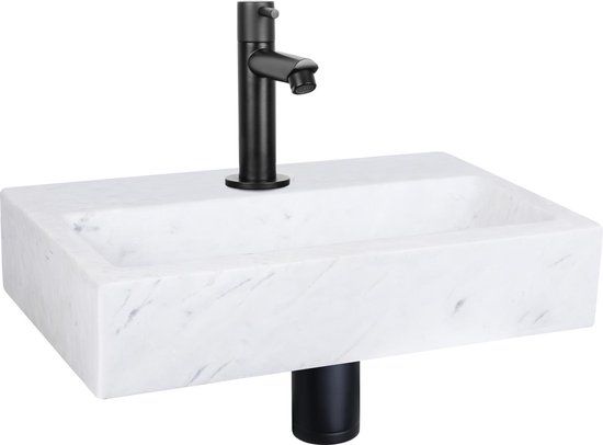 Differnz Flat Fonteinset - Wasbak Marmer - Wit - Rechte Kraan - Mat Zwart - 38 x 24 x 8 cm