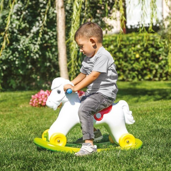 Hobbelpaard en loopfiguur 2 in 1 - Schommelpaard met wielen - Hobbelfiguur - Buiten en binnen speelgoed - Motoriek - Cadeau voor baby en peuter - 2 tot 5 jaar - Groen en wit - 2 in 1 Rocking horse toy with wheels