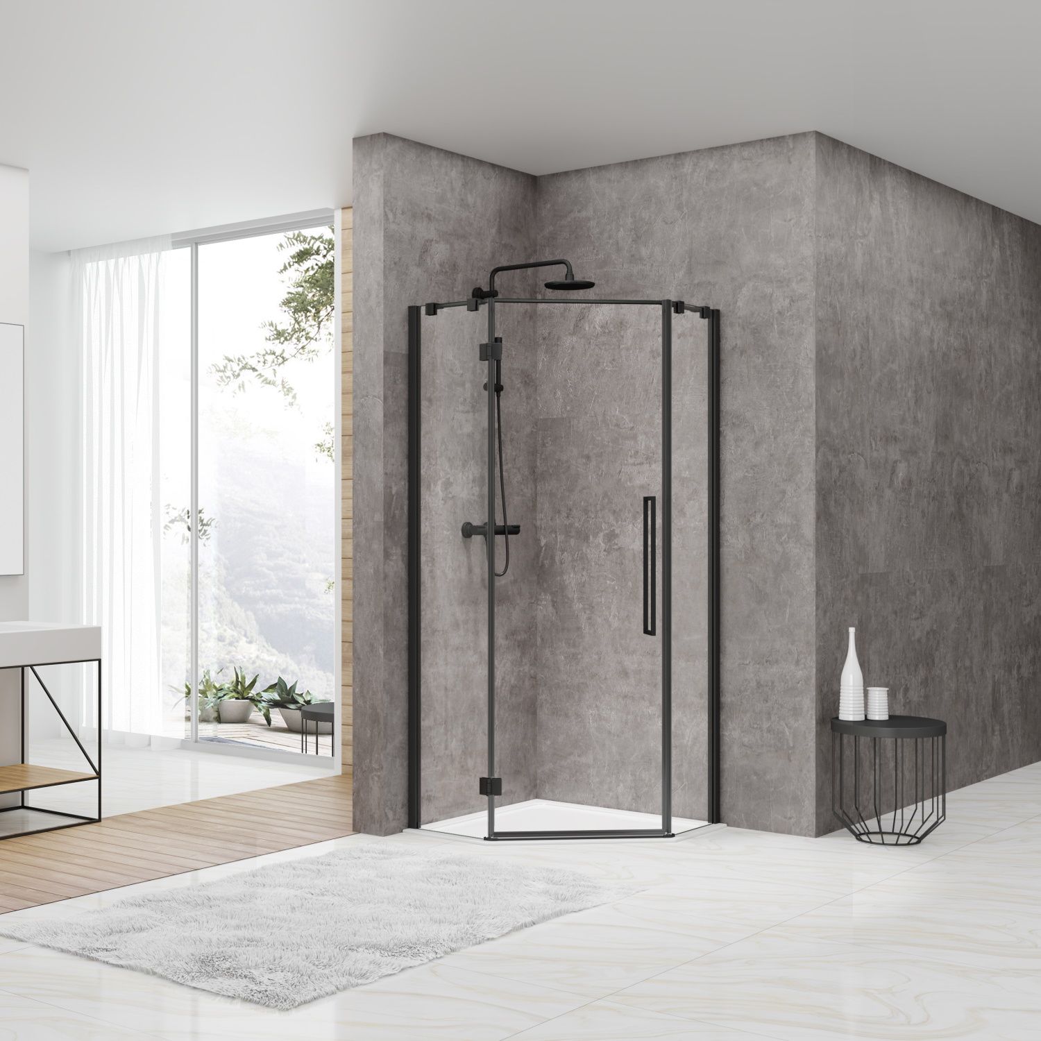 van Rijn Douchecabine ST05 Vijfhoek 90x200 cm - Zwart - 8 mm Helder Glas