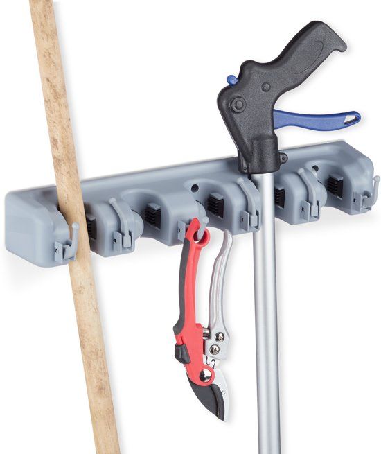 Relaxdays Gereedschapshouder - Ophangsysteem - 6 Haken - 5 Klemmen - Bezemhouder - Grijs