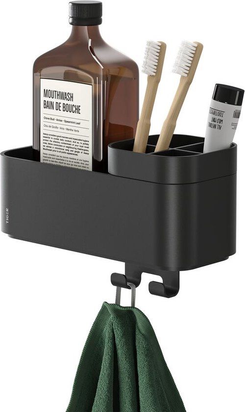 Tiger 2-Store Doucherek - Zwart - 25 cm - Met Handdoekhaak & Tandenborstelhouder