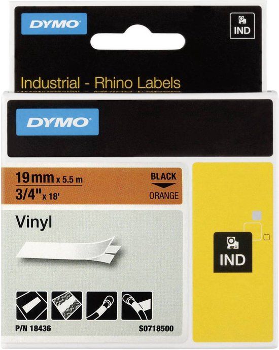 DYMO Rhino Vinyl Labels - 19mm x 5.5m - Black on Orange