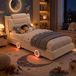 Ropilly Kinderbed met zachte bekleding, 90 x 200 cm, autobed met lichtstrips, verstelbaar hoofdeinde (in twee hoogtes) en flanellen bekleding, beige, voor kinderkamer