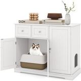 Coast COSTWAY Kattenkast voor kattenbak, kast met 2 lades, 3 deuren en een ingang, bijzettafel voor katten, wit, 100x45x80 cm