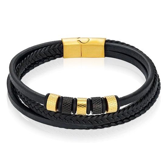 Mendes Leren Multi armband RVS kralen Zwart Goudkleurig-20.5cm