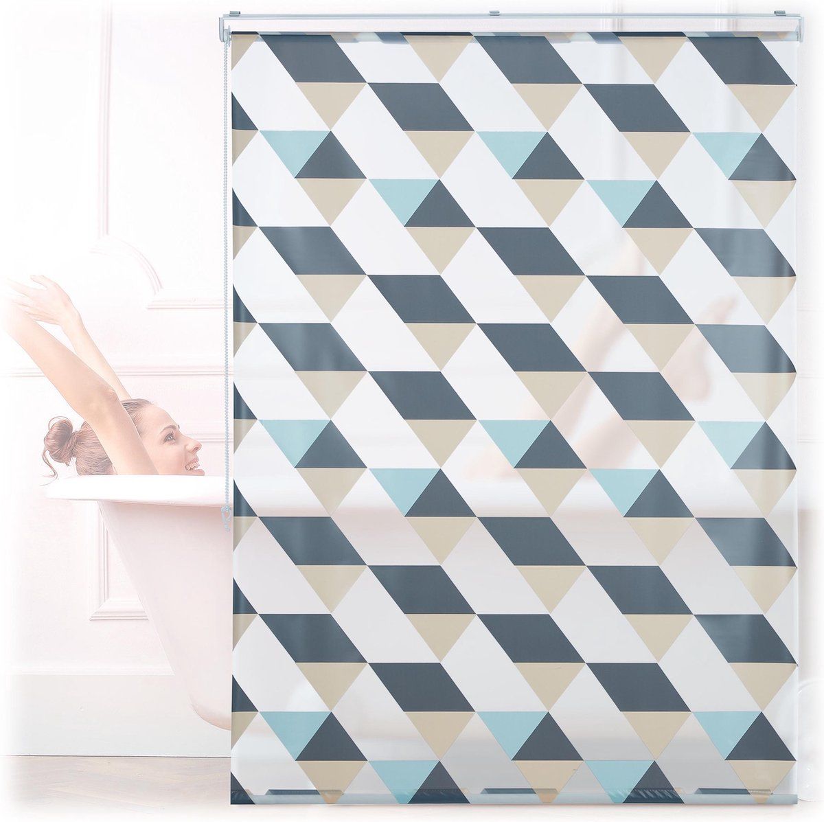 Relaxdays Douchegordijn Driehoek Design - 120x240cm - Beige/Blauw/Grijs