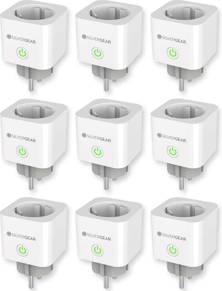 Silvergear Slimme Stekker met Energiemeter - Wifi Smart Plug met App, Verbruiksmeter en Tijdschakelaar - Werkt met Google Home, Alexa en Voice Control - Meet Stroomverbruik en Sluipverbruik Apparaten - Bediening via Tuya Smart App - 9 stuks