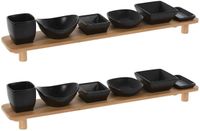 Excellent Houseware Serveerplank - 2x - met 6 hapjes/saus/tapas schaaltjes - schaaltjes - hout - 50 x 8 cm