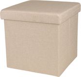 Urban Living Poef/hocker - opbergbox zit krukje - beige - linnen/mdf - 37 x 37 cm - opvouwbaar