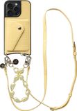 AVY Leren Hoesje geschikt voor Apple iPhone 15 Pro Max | Met Koord en Kaarthouder | Compatibel met MagSafe | Leather Case met Polsand & Crossbody Koord & Wallet | Pearl Leather Set | Croco Geel