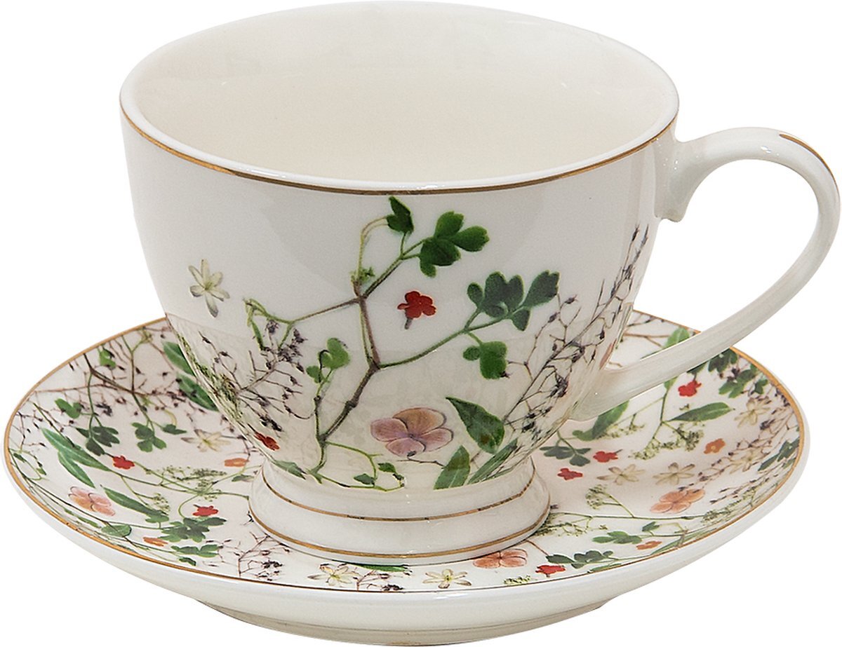 Clayre & Eef Kop en schotel 12*9*7 cm / Ø 13*2 cm / 200 ml Groen Porselein Servies Cadeau voor haar Cappuccino