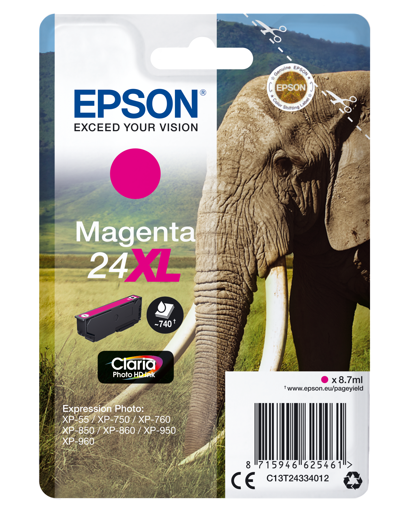 Epson Elephant Singlepack Magenta 24XL Claria Photo HD Ink single pack / magenta