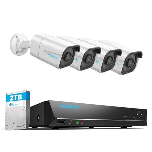 Reolink 4K Buiten Bewakingscamera, Persoons- en Voertuigdetectie, Videobewakingsset met 8CH 2TB NVR en 4X 8MP PoE IP Camera, 30 Meter Nachtzicht met Audio, RLK8-800B4