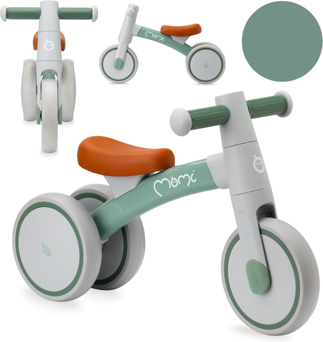 Momi Tedi Kinderloopfiets voor baby's, mini-loopdriewieler met lekvrije kunststof wielen, licht metalen frame, 1,2 kg, groen