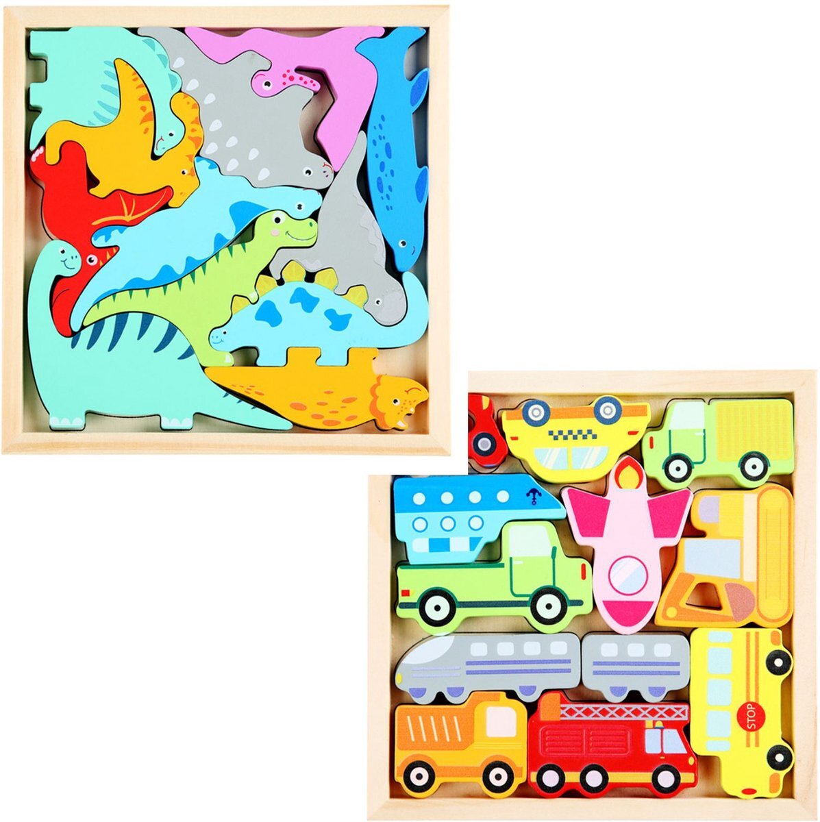 4yourkids - Houten speelgoed 2 set 3D puzzel - Dinosaurus en Auto - Blok puzzel - Vroege educatieve ontwikkeling - Jongens en meisjes - Kinderen - 3 jaar - Gift - Cadeau - Sinterklaas - Kerst