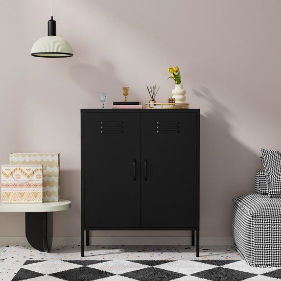 Lendo Online Dressoir - Lockerkast - Opbergkast - Kast industrieel - Industriële kast met verstelbare planken - Archiefkast - Metalen Kast - Kantoorkast - 80x40x100 cm (LxBxH) - Gepoedercoat staal - Metaal - Zwart