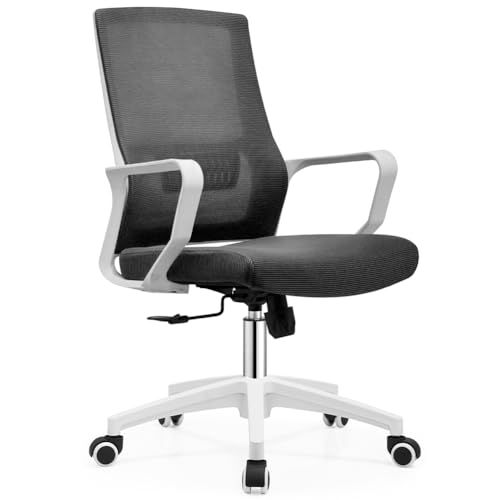 Shally Dogan Ergonomische draaistoel met lendensteun, bureaustoel, werkkamerstoel, in hoogte verstelbaar, stabiele witte basis, zweetbestendige rugleuning (zwart)