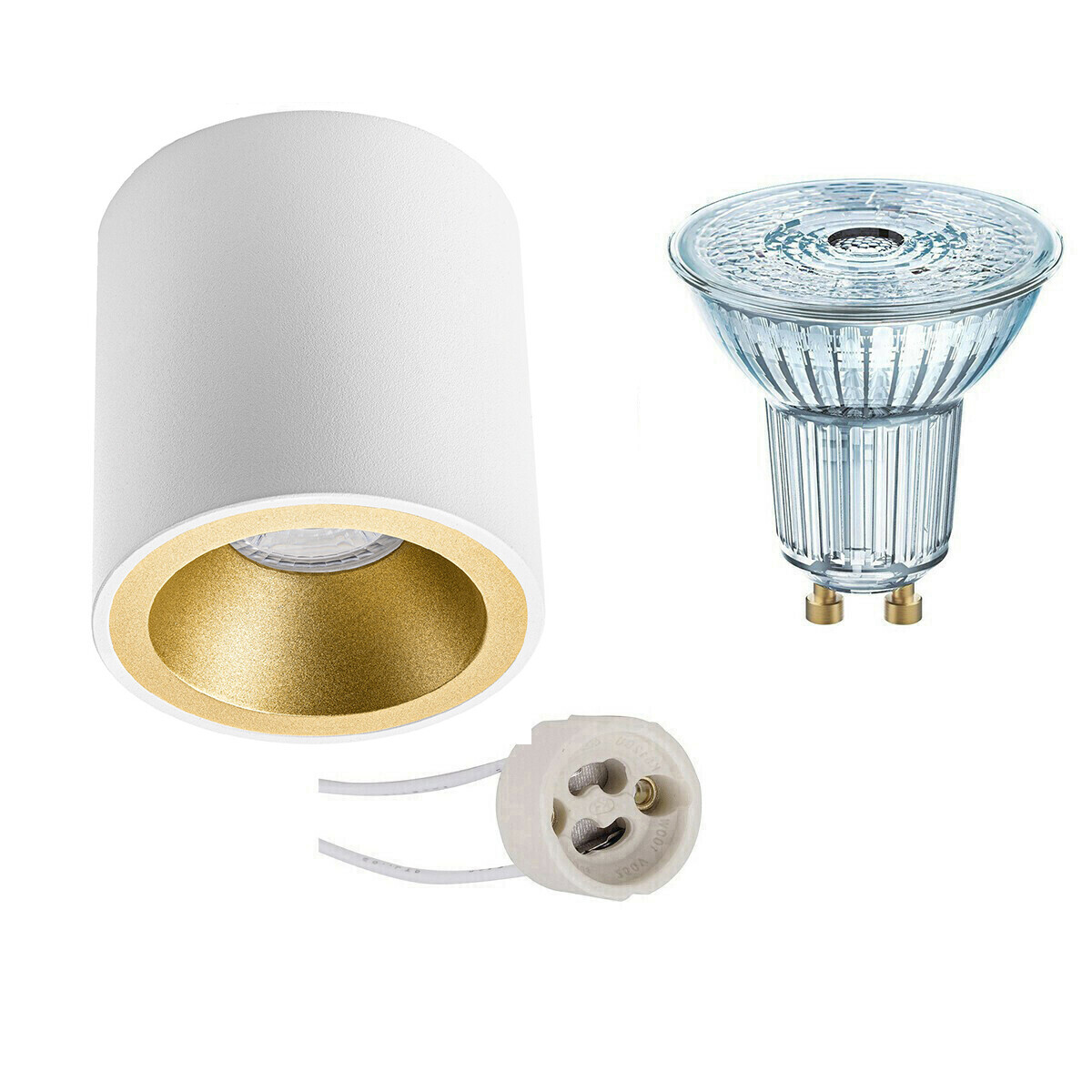 Osram Voordeelset - Opbouwspot Set - Parathom PAR16 930 36D - Pragmi Cliron Pro - GU10 Fitting - Dimbaar - Opbouw Rond - Mat Wit/Goud - 3.7W - Warm Wit 3000K - Verdiept - Ã˜90mm